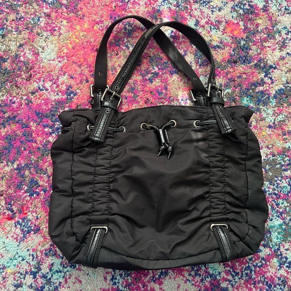Kenneth Cole Reaction Black Drawstring Nylon Tote vintage buckles